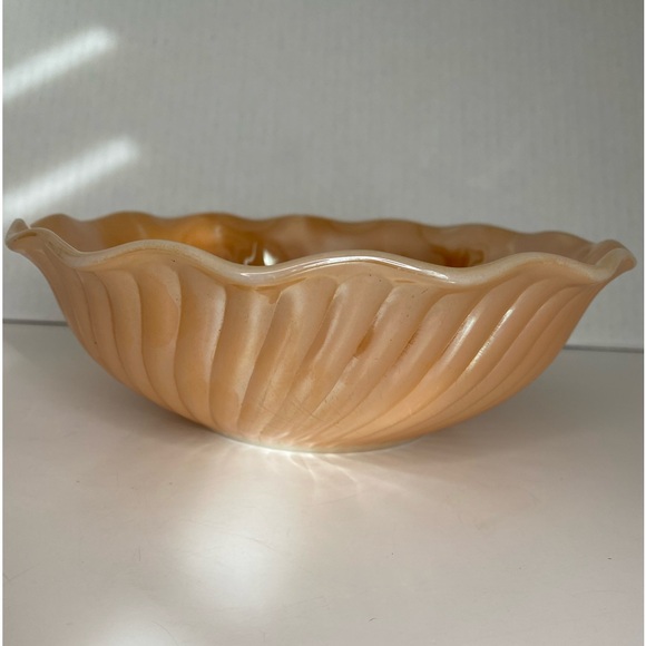 Vtg Fire King Peach Lustreware Bowl Iridescent Swirls Ruffled Edges - Picture 2 of 9